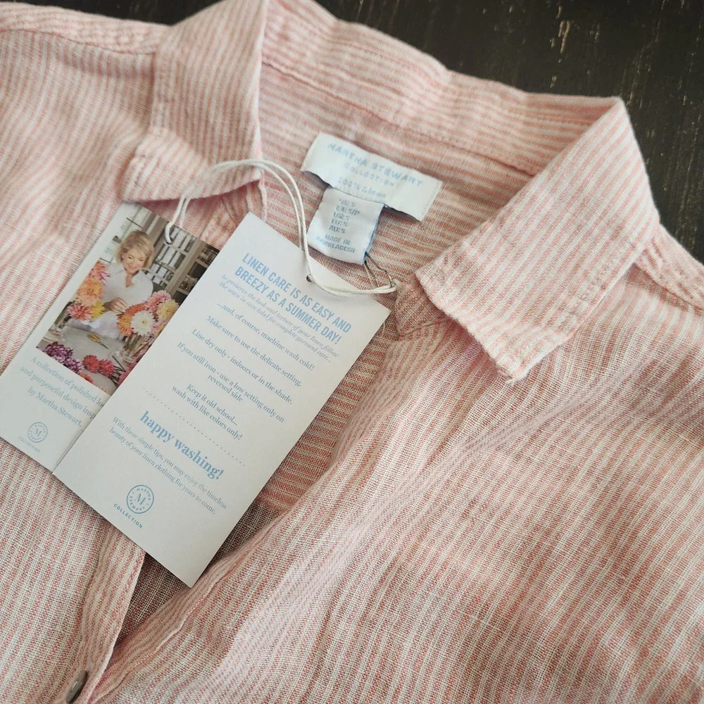 Martha Stewart 100% Linen Button-Front Tunic Top Pinstripe Pink White Small NWT
